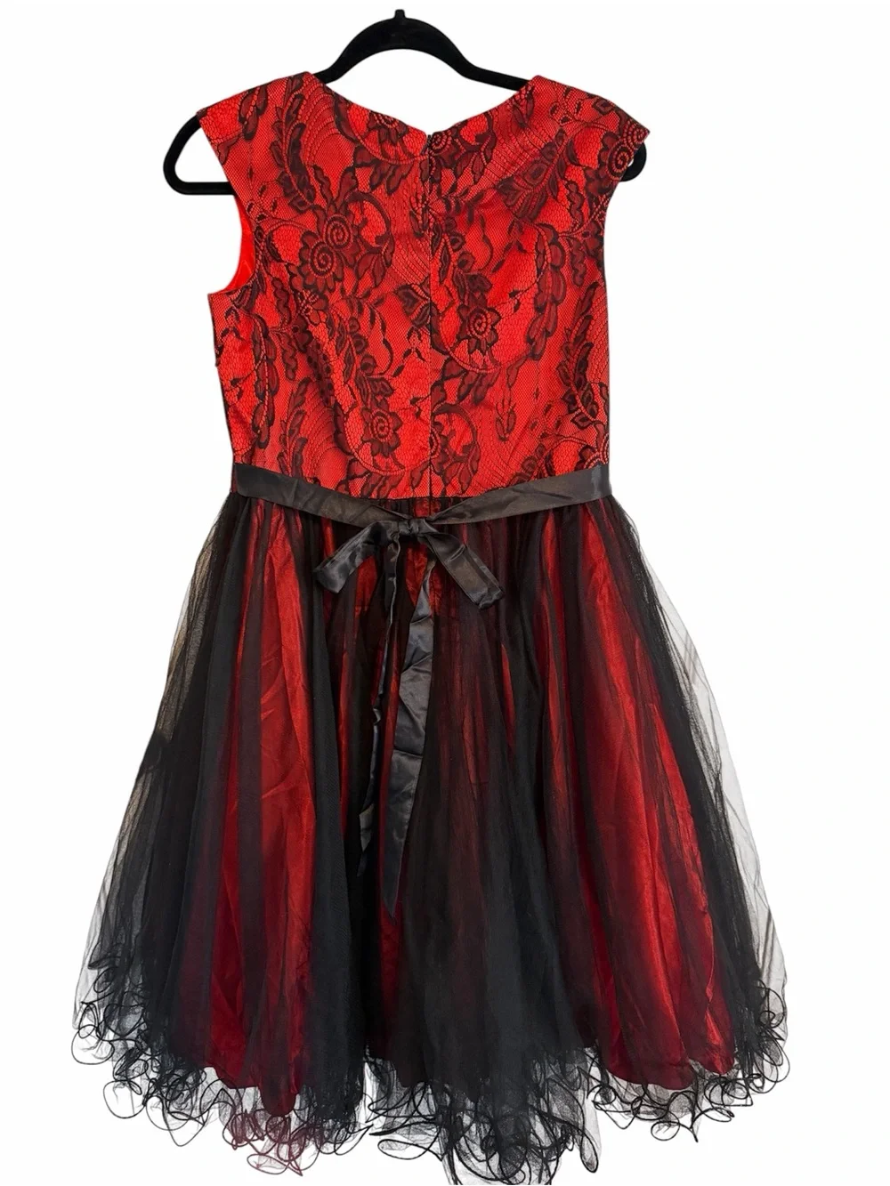 Girls Red & Black Lace-Embellished Tulle Party Dress